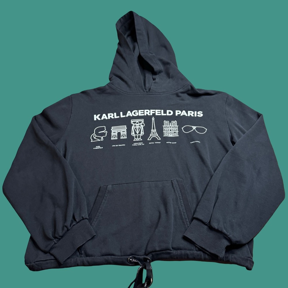 Karl Lagerfeld Women's Black Cropped Hoodie Waistband Elastic Graphic Logo Sz M